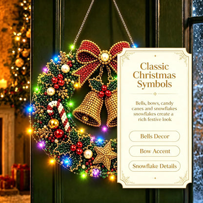 DIY Christmas LED Diamond Painting Wreath | Light-Catching Pearl Beaded Hanging Ornament Kit | Premium Holiday Door Wall Art Decor for Christmas Home & Handcraft Gift