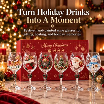 🎄🍷✨ 6-Piece Christmas Wine Glass Set 🎅❄️🎁 Festive Holiday Designs, Decorative Twisted Stems & Elegant Gift Box ❤️🥂🌟