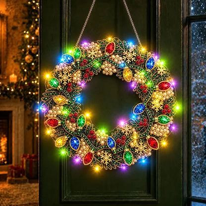 DIY Christmas LED Diamond Painting Wreath | Light-Catching Pearl Beaded Hanging Ornament Kit | Premium Holiday Door Wall Art Decor for Christmas Home & Handcraft Gift