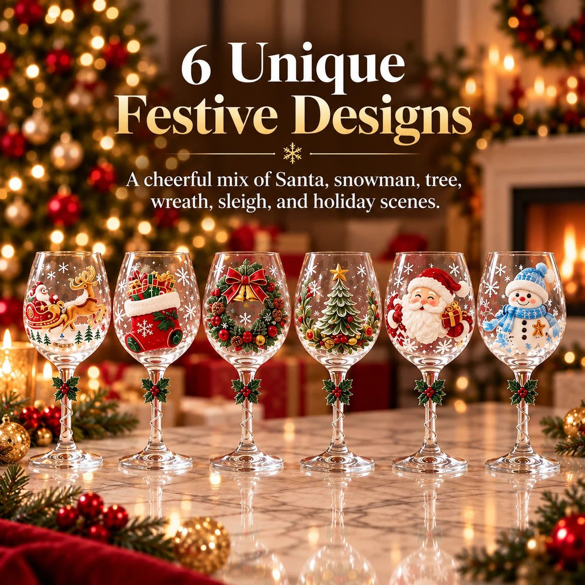 🎄🍷✨ 6-Piece Christmas Wine Glass Set 🎅❄️🎁 Festive Holiday Designs, Decorative Twisted Stems & Elegant Gift Box ❤️🥂🌟