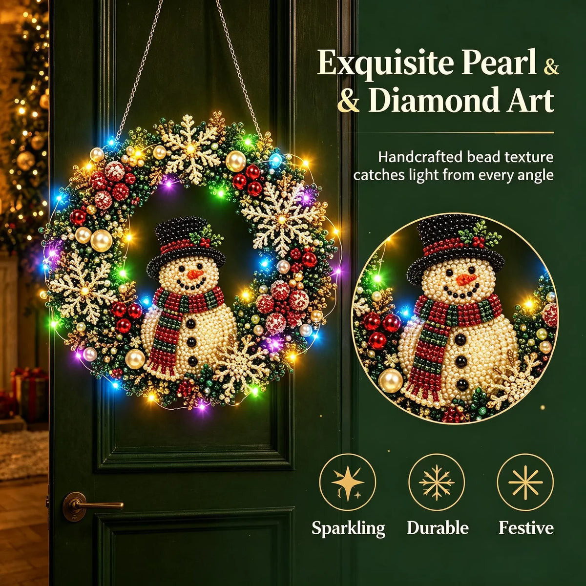 DIY Christmas LED Diamond Painting Wreath | Light-Catching Pearl Beaded Hanging Ornament Kit | Premium Holiday Door Wall Art Decor for Christmas Home & Handcraft Gift