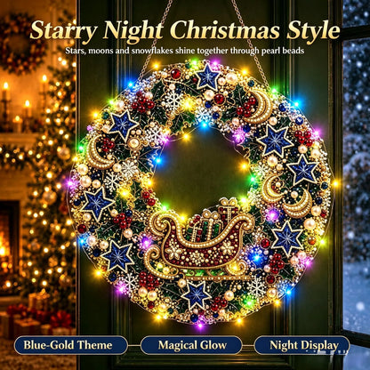 DIY Christmas LED Diamond Painting Wreath | Light-Catching Pearl Beaded Hanging Ornament Kit | Premium Holiday Door Wall Art Decor for Christmas Home & Handcraft Gift