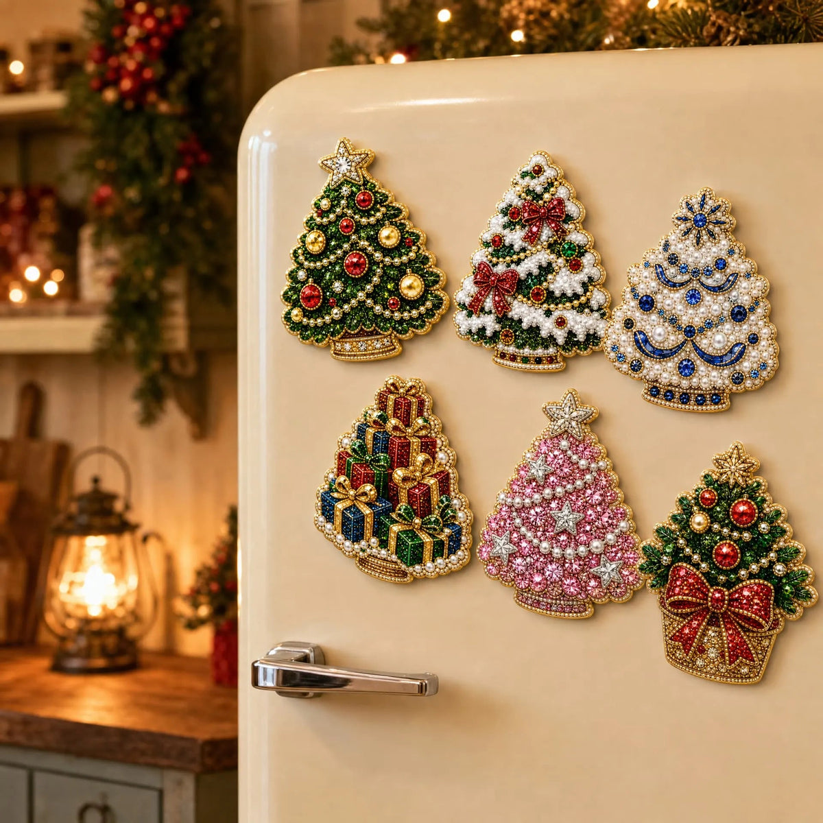 6pcs DIY Colorful Tree Ornaments Pearls Diamond Painting Fridge Magnet Christmas Decor