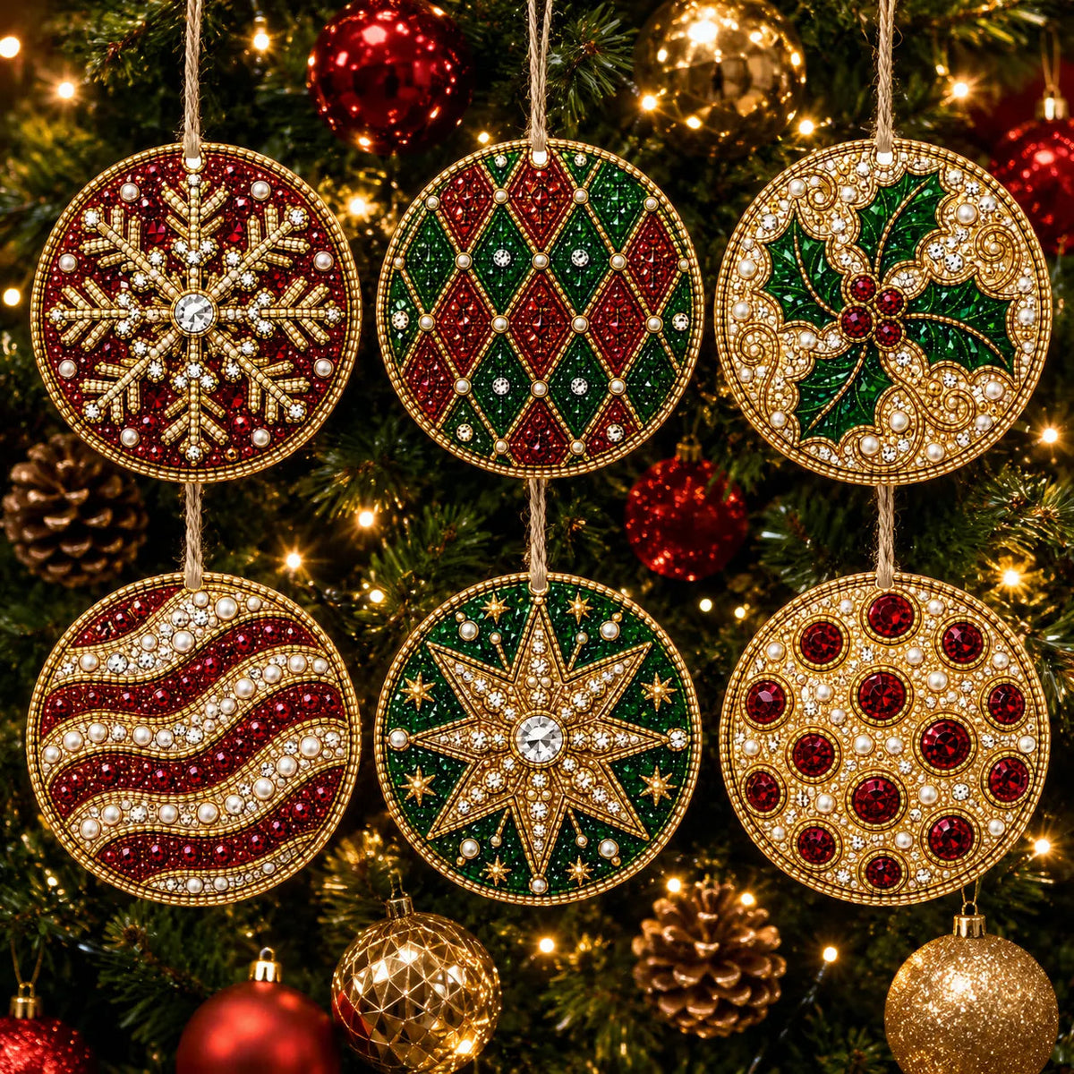 6 Pcs Christmas Wooden Ornaments DIY Pearls Diamond Painting Kit Rhinestone Art Pendants with Hemp Rope for Holiday Tree Decor