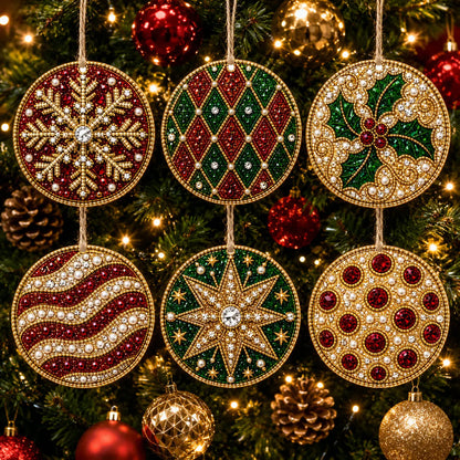 6 Pcs Christmas Wooden Ornaments DIY Pearls Diamond Painting Kit Rhinestone Art Pendants with Hemp Rope for Holiday Tree Decor