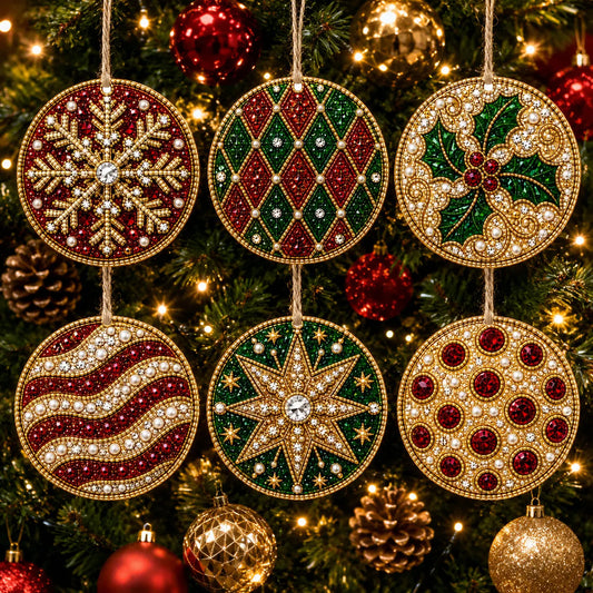6 Pcs Christmas Wooden Ornaments DIY Pearls Diamond Painting Kit Rhinestone Art Pendants with Hemp Rope for Holiday Tree Decor