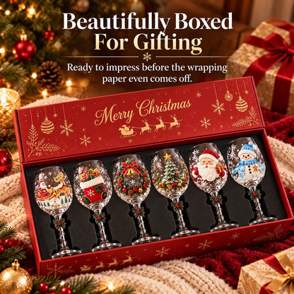 🎄🍷✨ 6-Piece Christmas Wine Glass Set 🎅❄️🎁 Festive Holiday Designs, Decorative Twisted Stems & Elegant Gift Box ❤️🥂🌟