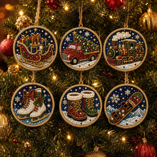 6 Pcs Christmas Wooden Ornaments DIY Pearls Diamond Painting Kit Rhinestone Art Pendants with Hemp Rope for Holiday Tree Decor