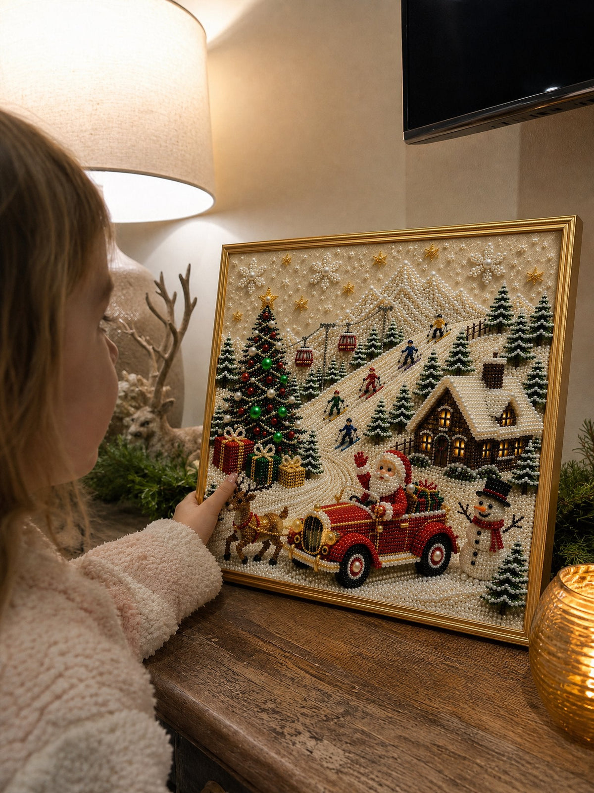 🎄🎅 Premium 3D Pearl Christmas Wall Art Kit | Luxury Flocked Canvas with Scratch-Resistant Non-Fading Pearl Beads DIY Holiday Decor ⛄️❄️